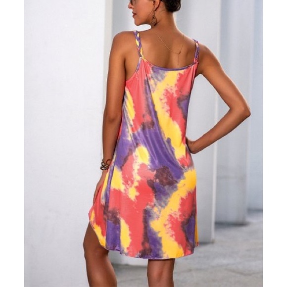 💖HOST PICK💖NWT Lemon Yellow & Red Tie-Dye Sleeveless Dress, Sz. S - Picture 3 of 6